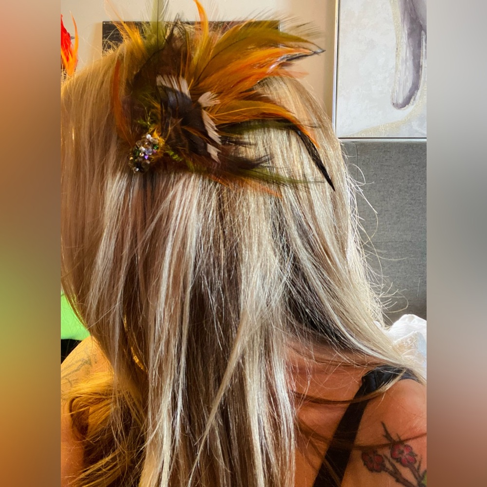 Feather Hair Clip with Crystal Accent - Brown & Green colors Handmade - Picture 3 of 5